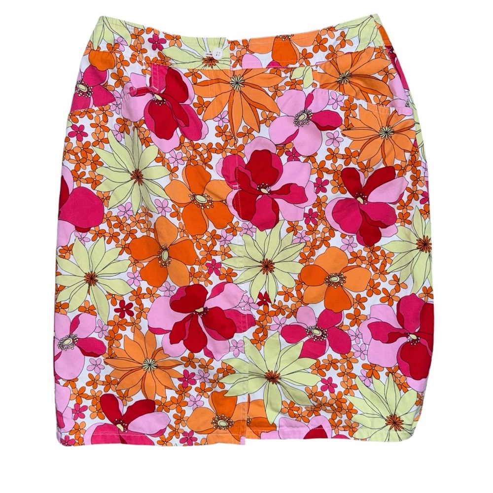 Talbots Petites Pink Orange Red Multi Floral Denim Skirt Pockets Front Slit.